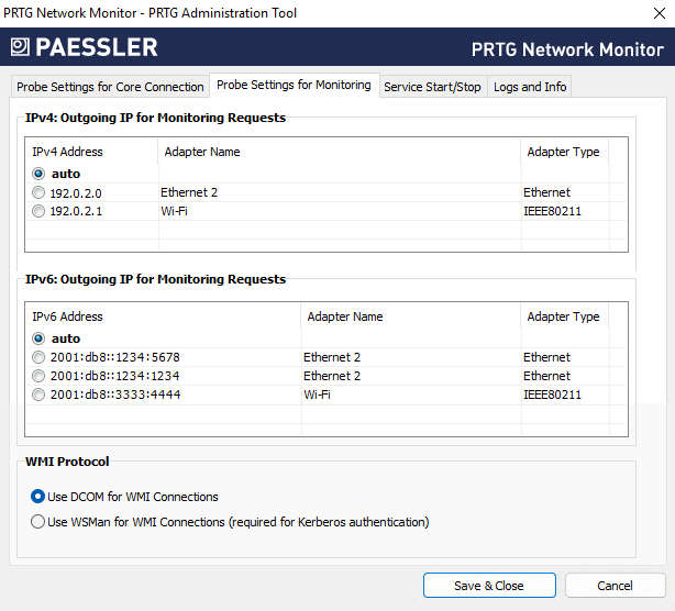 Probe Settings for Monitoring Tab
