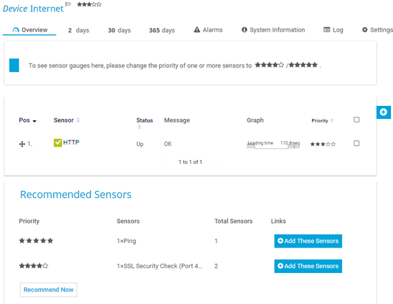 Recommended Sensors on Device Overview Tab Recommended Sensors on Device Overview Tab